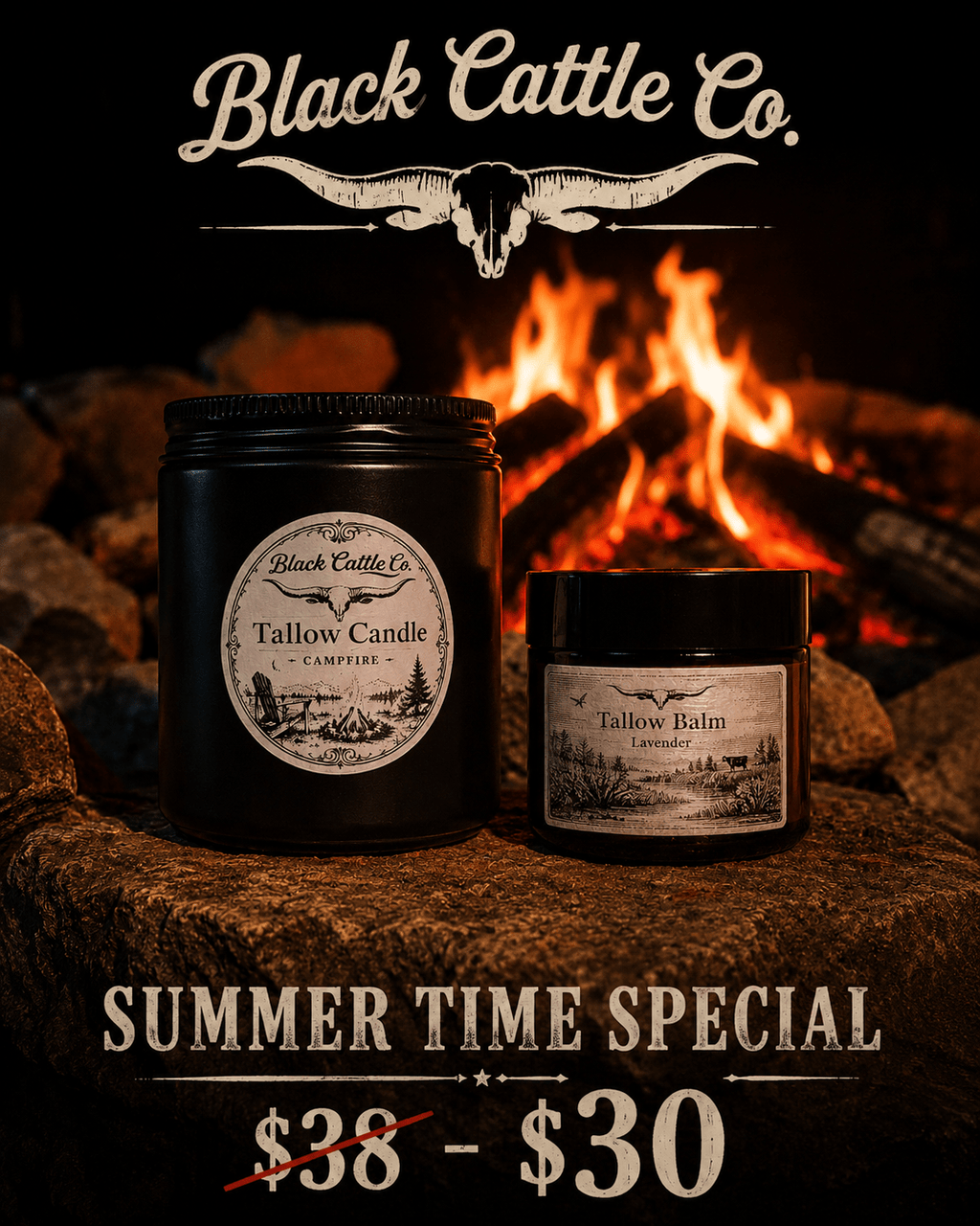Campfire candle (8oz) and Tallow Balm (2oz) - Summertime bundle!